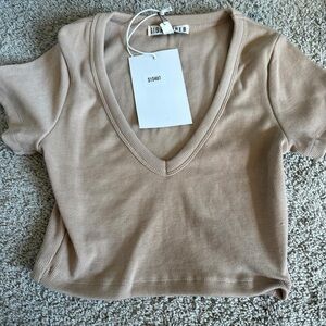 Signature8 Ribbed V-Neck Crop Top in Nude Beige